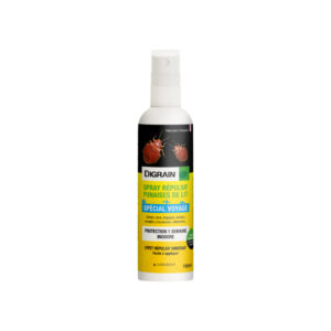 Spray répulsif punaises de lit voyage DIGRAIN utilisé pour protéger une valise et des vêtements en déplacement